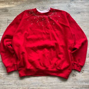 Vintage Sweater Women's Large 90s Granny Christmas Red Gems Top Stitch
